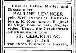 LEVINGER_Pauline_Anzeige_75.Geburtstag_Aufbau_1949